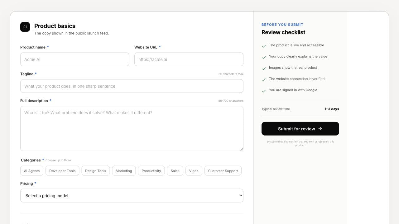 LaunchAgora product submission form showing product details, category selection, and media upload fields